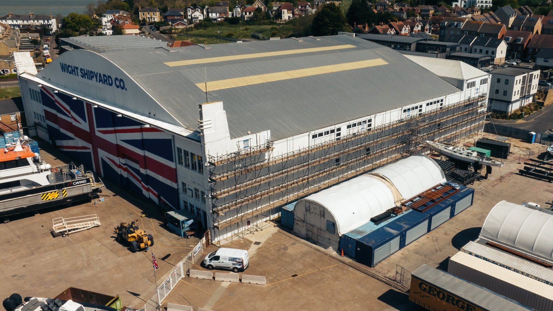 Scaffolding Isle of Wight — aerial view of THF Scaffolding's commercial scaffolding at Wight Shipyard Co., East Cowes, Isle of Wight