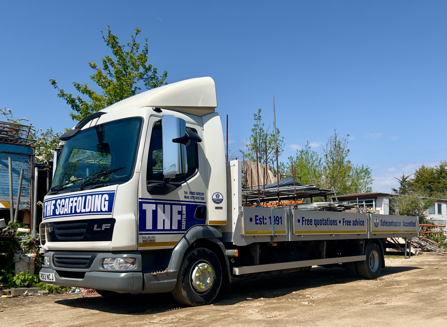 THF Scaffolding branded lorry — Isle of Wight scaffolding company established 1991, Safecontractor Accredited