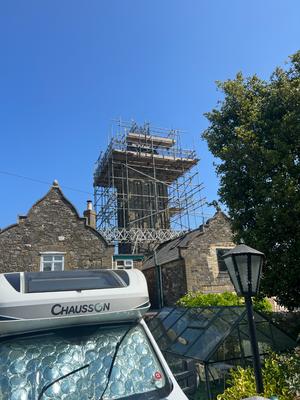 Church stone tower scaffolding for restoration